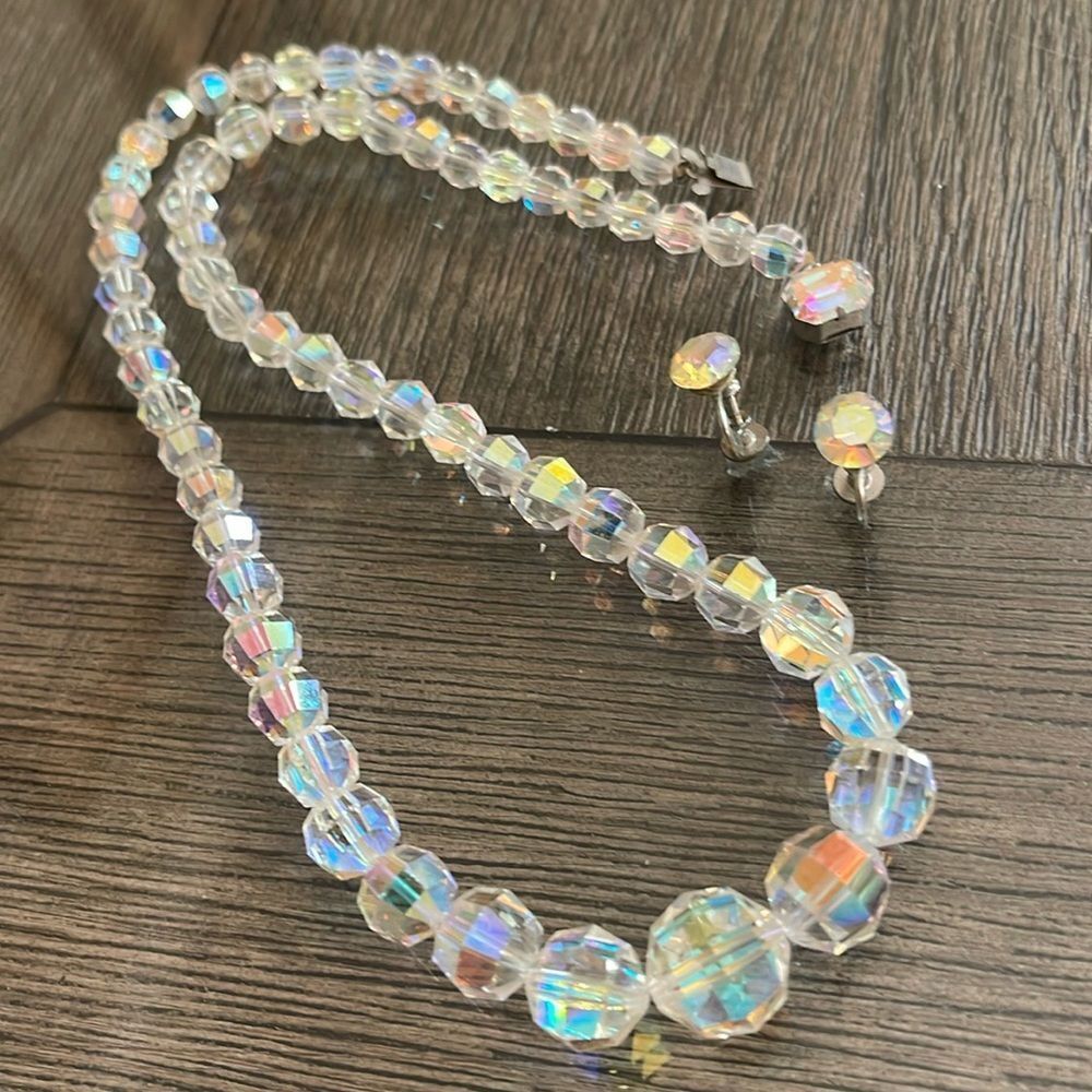 Vintage Cut Crystal Aurora Borealis Graduated Necklace & Clip Earrings
